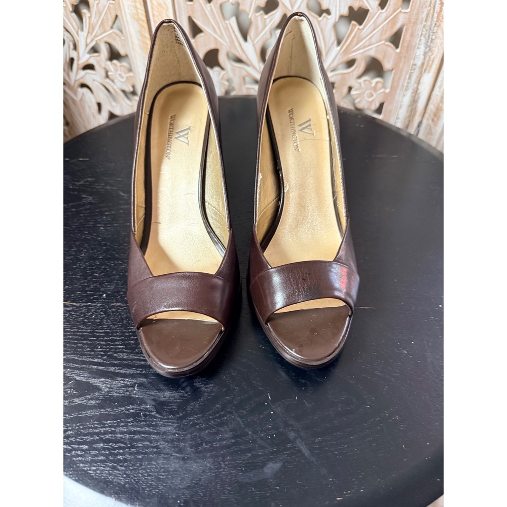 Worthington Womens Brown Leather Peep Toe Platform Pumps High Heels Size 7.5 - Picture 2 of 10